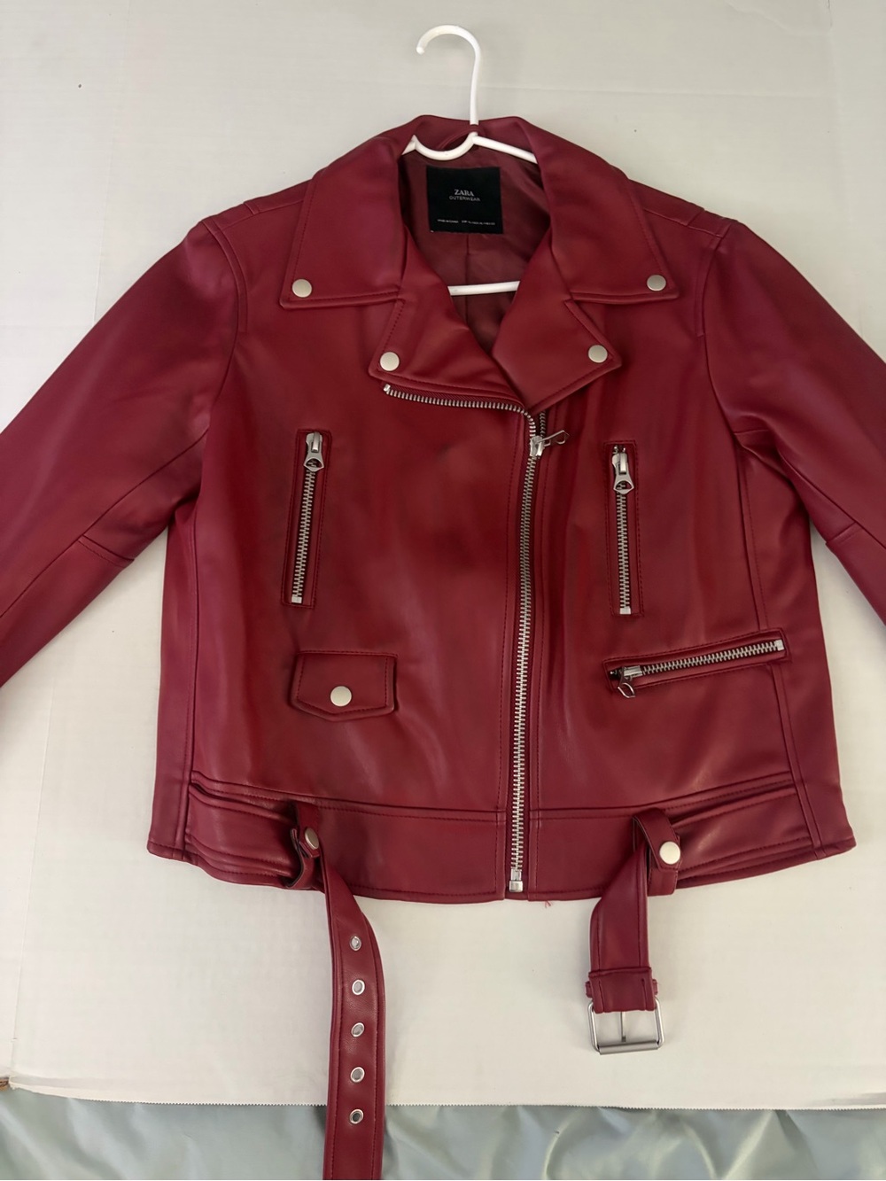 Zara Burgundy Faux Leather Biker Jacket with Belt